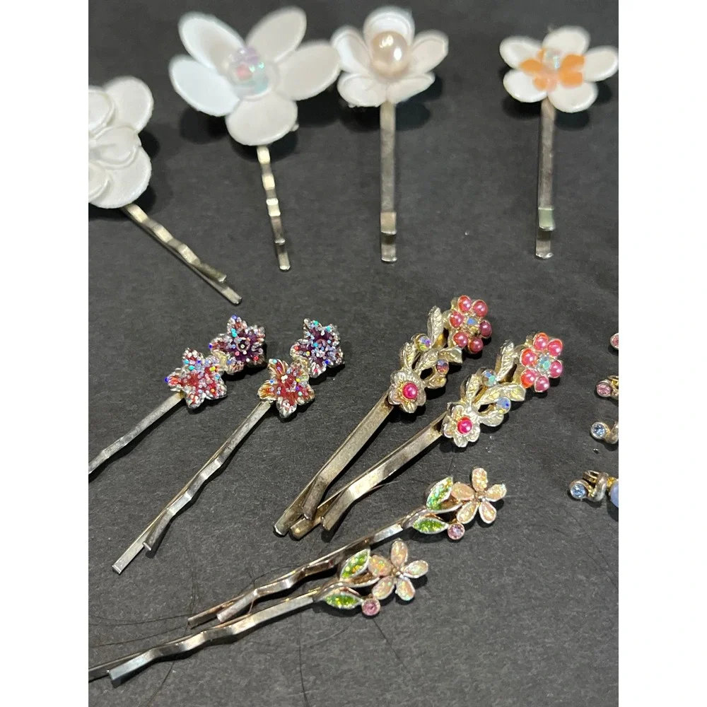 Vintage Style Floral Hair Pin Lot 22  Rhinestone Pearl Flower Bobby Pins Set